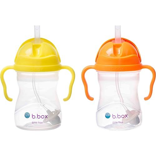 b.box Sippy Cup with Weighted Straw (2-Pack). Leak Proof, Easy Grip. BPA Free & Dishwasher Safe. Ideal for Babies 6m+ to Toddlers (lemon + orange zing, 8oz)
