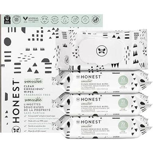 The Honest Company Clean Conscious Multi-Use Wipes | Hypoallergenic + Unscented for Sensitive Skin | Over 99% Water, Compostable, Plant Based, Baby Wipes | Pattern Play, 288 Count