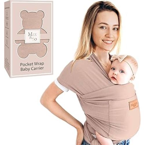 Baby Wrap Carrier - Premium Cotton Baby Carrier Wrap for Newborn to Toddler- Infant Carrier- Baby Holder One Size Fits All with Front Pocket(Beige) by Max&so