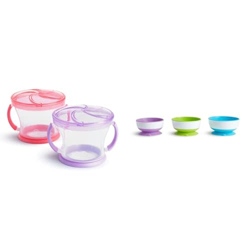 Munchkin® Snack Catcher® Toddler Snack Cups, 2 Pack, Pink/Purple & ® Stay Put™ Suction Bowls for Babies and Toddlers, 3 Pack, Blue/Green/Purple