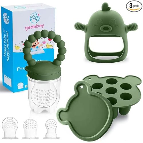 3-in-1 Baby Food & Fruit Feeder Set – Breastmilk Popsicle Mold with Freezer Tray, Teething Relief Toy, BPA Free Infant Silicone Feeding Combo, 3 Bonus Sizes (S/M/L) Sacs (Olive Green)