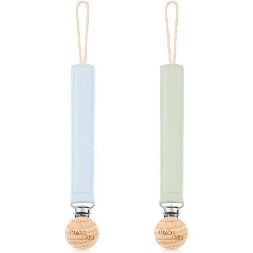 Baby Pacifier Clip, 2 Pack Fabric Pacifier Clips, Super Soft Fabric Strap with Wooden Clip, Pacifier Clips for Baby Girl & Boy (Sage/Ether)