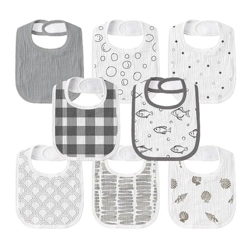 GLLQUEN BABY Muslin Drool Bibs for Boys Girls 8 Pack, Adjustable Baby Bibs for Drooling and Teething, Soft Cotton Baby Bandana Bib for Newborn Feeding Essentials (Fish)