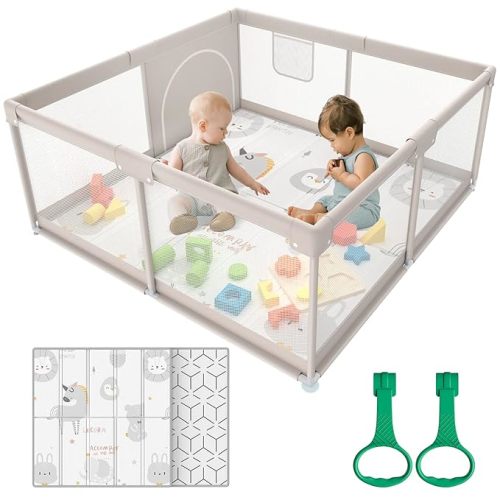Baby Playpen,Playpen, Playpen for Babies and Toddlers, Play Pen for Kids, Play Pens for Babies and Toddlers for Apartment (47 * 47 inch Grey with mat) - 47*47 inch Grey with mat