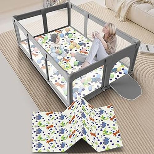 Large Baby Playpen with Mat, 74" ×50", Large Baby Play Yards Indoor & Outdoor, Sturdy Safety Baby Play Pen with Soft Breathable Mesh, Toddlers Play Pen with Anti-Slip Base, Mat Included