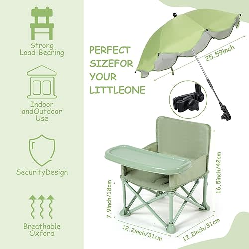 Suzile Baby Outdoor Beach Chair with Umbrella Travel Booster Seat with Tray Compact Baby Folding Chair Portable Booster Chair with Storage Bag, Backrest Pocket for Dining Table, Camping