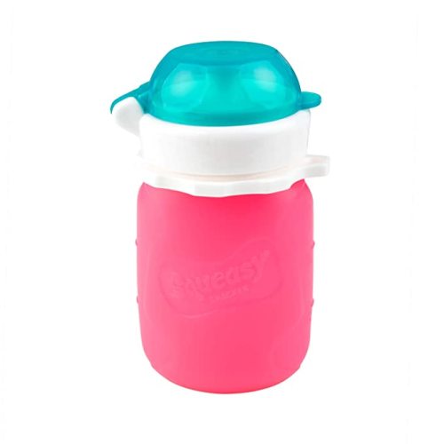 Pink 3.5 oz Squeasy Snacker Spill Proof Silicone Reusable Food Pouch - for Both Soft Foods and Liquids - Water, Apple Sauce, Yogurt, Smoothies, Baby Food - Dishwasher Safe