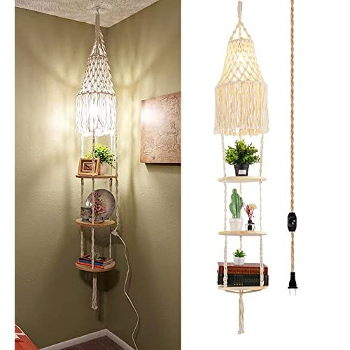QIYIZM Boho Plug in Pendant Light,Hanging Light with Plug in Cord,Hanging Lamp Macrame Lamp Shade,Dimmable Switch,3 Tier Hanging Plant Shelf Shelves Bohemian Decor for Bedroom Living Room Corner