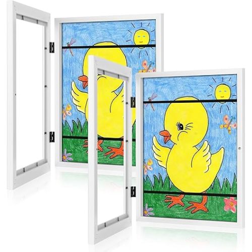 [2Pack] Kids Art Frames, 9x12 Front Opening Kids Artwork Frames Changeable, White Artwork Display Storage Frame for Wall, Holds 50 Pcs, for 3D Picture, Crafts, Children Drawing, Hanging Art, Portfolio