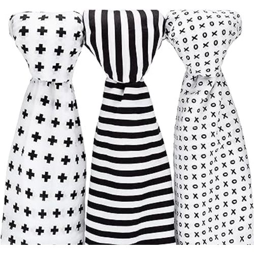 Muslin Baby Swaddle Blankets, 47x47 (3 Pack) Black, White, XO, Stripe, Cross