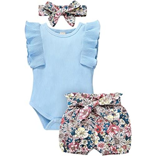 Tiny Cutey Baby Girl Clothes Infant Summer Outfits Set Ruffle Sleeve Romper and Floral Shorts with Headband