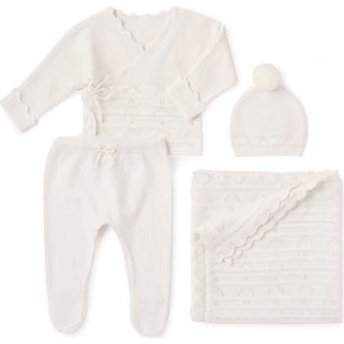 Organic Cotton & Cashmere Pointelle Hat, Top, Pants & Blanket Set, Newborn
