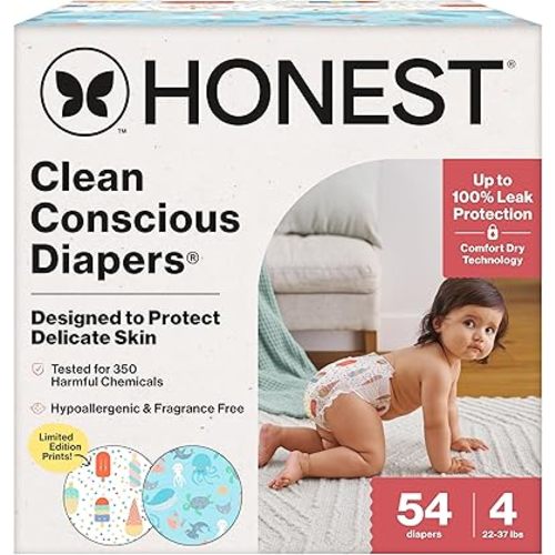 The Honest Company Clean Conscious Diapers for Sensitive Skin | Up to 100% Leakproof | Hypoallergenic, Fragrance Free | Summer '25 Limited Edition Prints | Club Box, Size 4 (22-37 lbs), 54 Count