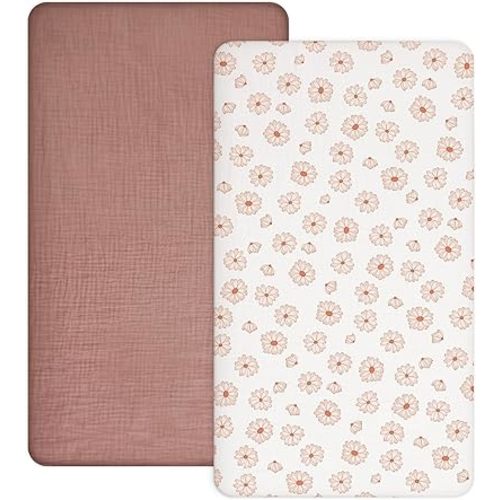 Mini Crib Sheets for Baby Boy Girl 2 Pack, Neutral Mini Crib Mattress Sheet 24" x 38", Muslin Nursery Bedding Soft and Breathable Comfort(Dusty Rose & Flower-A)