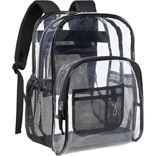 PACKISM Clear Backpack - 17 inch Large Clear Backpacks for School, Heavy Duty Clear Bookbag for Student Boys and Girls, Transparent PVC See Through Backpack for College Work, Black (for age 12 above)