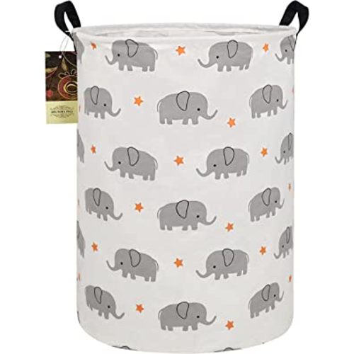 HUNRUNG Laundry Hamper,Large Canvas Fabric Lightweight Storage Basket Toy Organizer Dirty Clothes Collapsible Waterproof for College Dorms, Children Bedroom,Bathroom (Round-Grey Elephant)