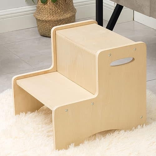 WOOD CITY Wooden Toddler Step Stool for Kids, Bathroom Potty Stool & Kitchen Stool, Natural Two Step Stool for Bedroom, Children's Stool with Handles and Safety Non-Slip Pads