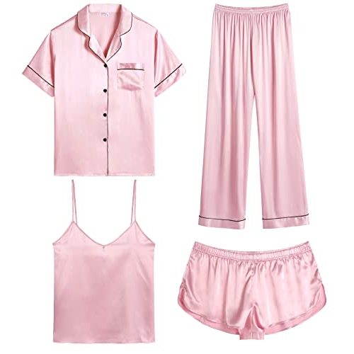 SWOMOG Womens Silk Satin Pajamas Sets 4pcs Sleepwear Sexy Cami Shorts Set and Button Down Short Sleeve Pjs Loungewear