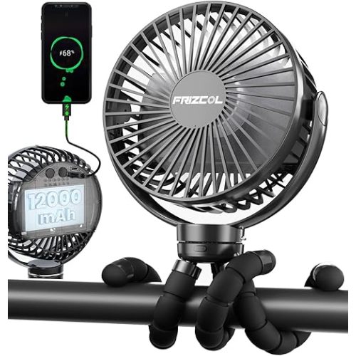 FRIZCOL Portable Stroller Fan, Use As Power Bank, 65H 12000mAh Battery Operated Fan Flexible Tripod Baby Car Seat Fans with Timming, Personal Mini Handheld/Desk/Small Clip On Fans For Stroller