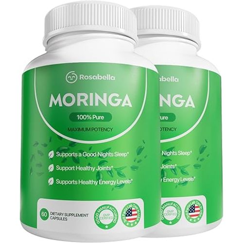 Rosabella Moringa Capsules - Pure Moringa Powder, Energy, Skin, Immune & Gut Health Superfood, Rich in Antioxidants, Essential Vitamins & Amino Acids, Natural Green Superfood Supplement - 120 Count