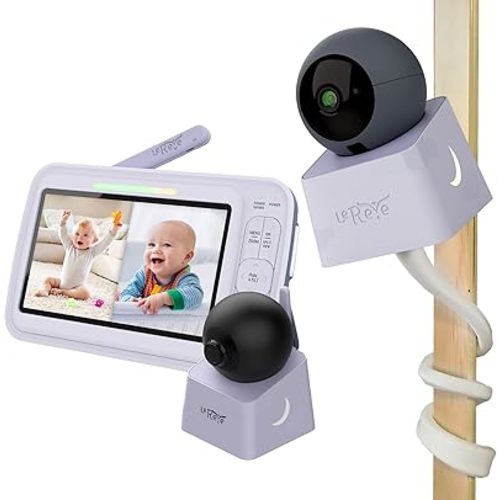 Low EMF 5" HD Baby Monitor with 2 Pan/Tilt Cameras, Auto Noise Reduction, Smart Baby Cry Detection, No WiFi, 20 Days Battery Life, 2-Way Talk, Lull Twist Mount