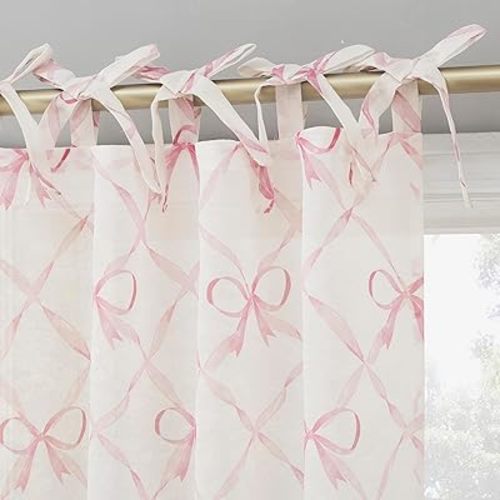 Sun Zero Romy Generation Lattice Bows Sheer Tie Top Curtain Panel, 50" x 84", Pink