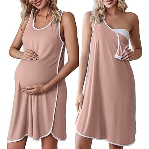 Ekouaer Labor and Delivery Gown for Hospital 3 in 1 Nursing Dress Sleeveless Maternity Snap Button Breastfeeding Nightgown