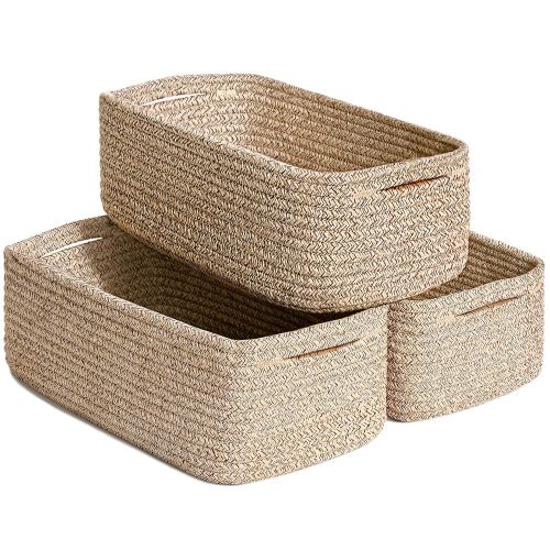 Goodpick Storage Baskets, Small Baskets for Gifts Baskets for Shelves Basket Closet Shelf Organizer Rope Baskets for Organizing for Towels 3 Pack, White & Brown, 11 x 7 x 4.5 in