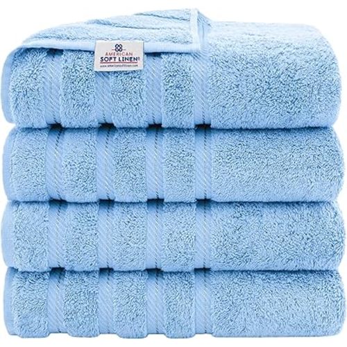 American Soft Linen Luxury 4 Piece Bath Towel Set, 600 GSM 100% Cotton Turkish Bath Towels for Bathroom, 27x54 in Large Bathroom Shower Towels, Sky Blue