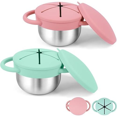 2-Pack Stainless Steel Snack Cups for Toddlers Spill-Proof Baby Food Containers with Removable Silicone Lids & Handles | Dishwasher Safe, On-the-Go Kids Snack Box