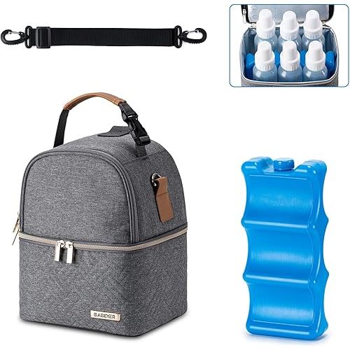 Breastmilk Cooler Bag with Ice Pack Fits 6 Baby Bottles up to 9 Ounce, Breast Milk Pump Cooler Bag with Shoulder Strap for Nursing Mom Daycare, Work, Travel- Dark Grey