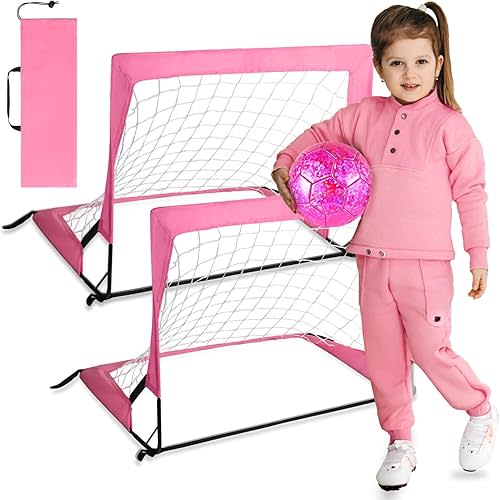 2 Pcs 24" x 16" Pink Mini Soccer Goal Set Indoor Soccer Goal Net Sparkling Pink Size 2 Toddler Soccer Ball Folding Small Soccer Goals Kids Soccer Ball Age 3-8 for Boys Girls Gifts (Sparkling Pink)