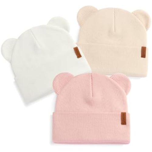 Gorro de bebé cálido de invierno con orejas de oso para bebés, niños pequeños, niños y niñas, gorro de punto suave ajustado