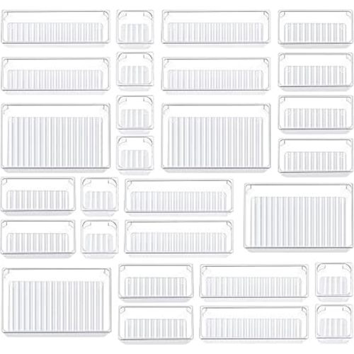 Kootek 28 Pcs Drawer Organizer Set, 4-Size Bathroom Vanity Trays Makeup Desk Dividers Versatile Storage Bins Clear Plastic Container for Dresser, Bedroom, Kitchen, Office