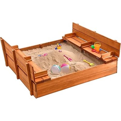 Large Wooden Kids Sandbox with Lid – Outdoor Sand Box for Kids with Cover Sand Protection, Foldable Bench Seats and Bottom Liner