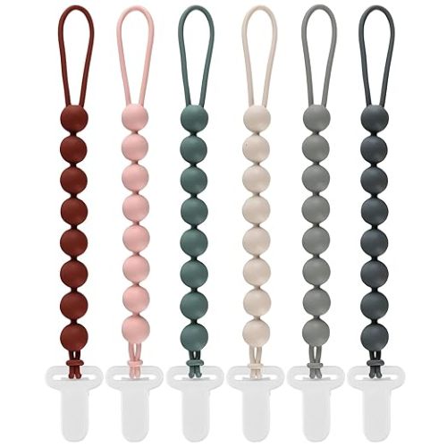 6-Pack Silicone Pacifier Clips for Babies, Safe Teething Beads, Rust-Free Holders, Baby Boy and Girl Essentials, Newborn Must-Have Accessories, BPA-Free