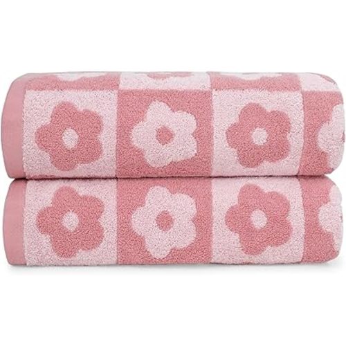2-Pieces Luxury Bath Towels Checkered Floral, Pink Towels for Women Girls Shower Body 27.5x55 Inches, Cute Decor for Bathroom & Pool Days, Cotton