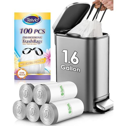 Teivio 1.6 Gallon 100 Counts Strong Drawstring Trash Bags Garbage Bags, Medium Kitchen Trash Can Bathroom Bin Liners, Plastic Trash Bags for Home Office Kitche, White