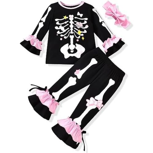 HINTINA Toddler Baby Girls Halloween Thanksgiving Outfits Bell Bottom Flared Pants Set