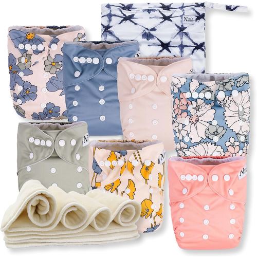 Nora's Nursery Cloth Diapers 7 Pack with 7 Inserts & 1 Wet Bag - Waterproof Cover, Washable, Reusable & One Size Adjustable Pocket Diapers for Newborns and Toddlers - Delilah
