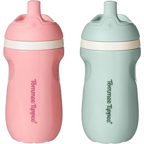 Tommee Tippee Insulated 9oz Sporty Spout Toddler Water Bottle, No Spill Sippy Cups for Toddlers 1-3, Two-Piece Valve Helps Stop Spills, BPA Free, Pink and Mint, Pack of 2