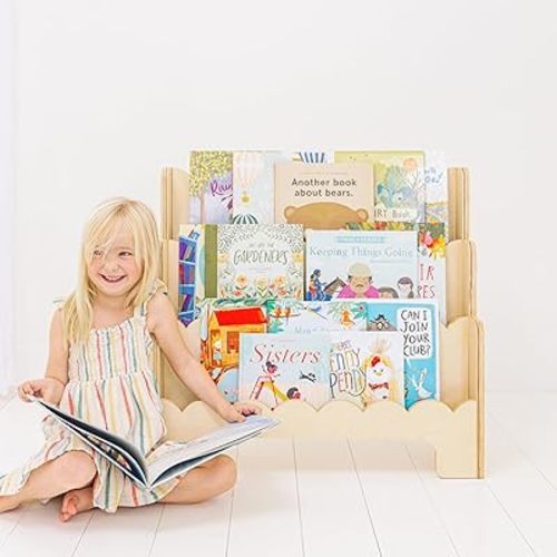 Wooden Kids Bookshelf w/Scalloped Edges - Perfect Height 3-Tier Montessori Bookshelf for Kids - Durable Childrens Bookcase for Kids Room or Playroom - Toddler Bookshelf Rack - Baby Book Shelf Nursery