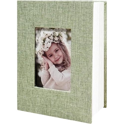 Photo Album 4x6 100 Pockets, Linen Cover Top Loader Vertical, Slip-in Picture Grass Green Pockets Albums for Wedding, Family, Anniversary, Baby, Vacation