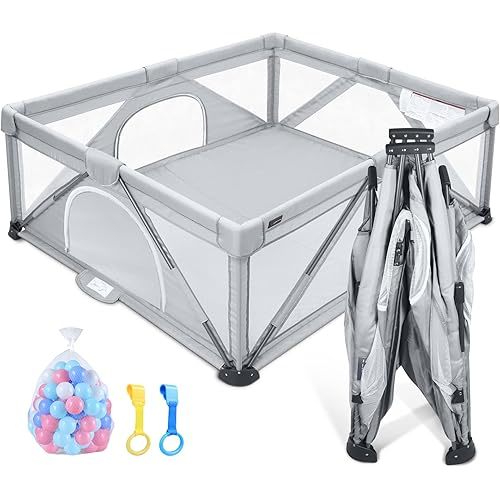 ANGELBLISS Baby Playpen, Foldable Playpen for Babies and Toddlers, Indoor & Outdoor Baby Activity Center with Visible Breathable Mesh, Portable Play Yard with 2 Handlers+50 Balls (Grey, 71 * 71)