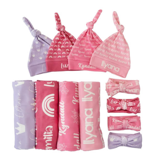 Personalized Newborn Swaddle Set for Baby Girl, Baby Boy Customized Name Swaddle with Hat. Baby Shower Gift