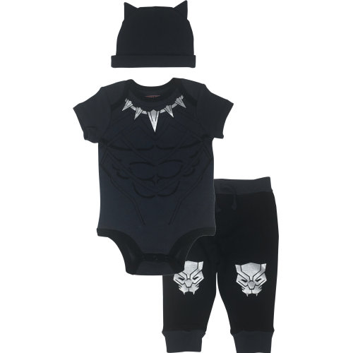 Marvel Avengers Black Panther Newborn Baby Boys Cosplay Bodysuit Pants and Hat 3 Piece Outfit Set Newborn to Infant