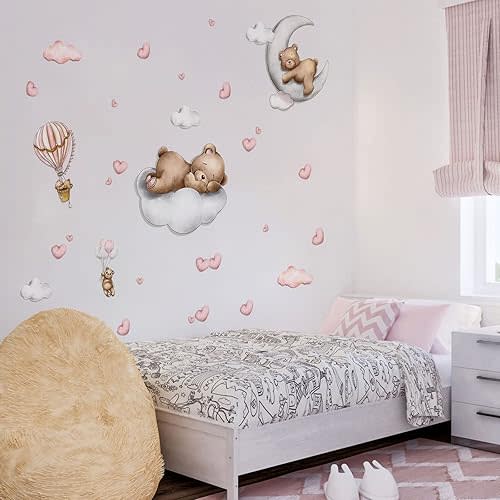 Baby Bear Sleeping on The Moon Cloud Wall Decals, Baby Nursey Wall Stickers, Removable Pink Hearts Fairy Wall Sticker, Vinyl Bear Wall Mural Drcor Art for Baby Girls Boys Nursery Bedroom Playroom Decor