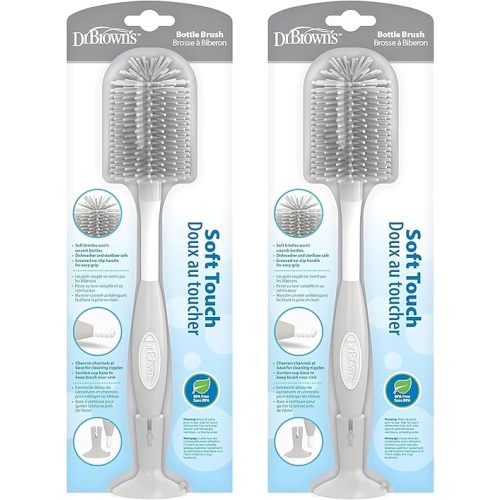 Dr. Brown's Soft Touch No Scratch Baby Bottle Cleaning Brush, Nipple Cleaner and Suction Cup Base for Easy Storage, BPA-Free, Gray, 2-Pack