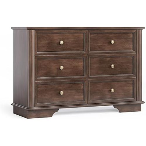 VINGLI 6 Drawer Dresser Wood, 47" Long Dresser for Bedroom, Chest of Drawers, French Vintage Brown Dressers for Living Room, Hallway, 47.24" W*15.75D*31.5" H