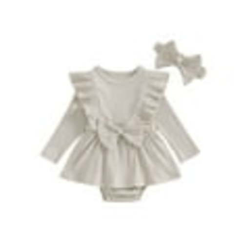Lieserram Newborn Baby Girl Romper Dresses, 0 3 6 9 12 18 Months Long Sleeve Solid Color Crew Neck Bow A-line Skirt Bodysuit with Headband Clothes